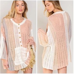 POL Blush Coral Stripe Loose Crochet Sweater - size small